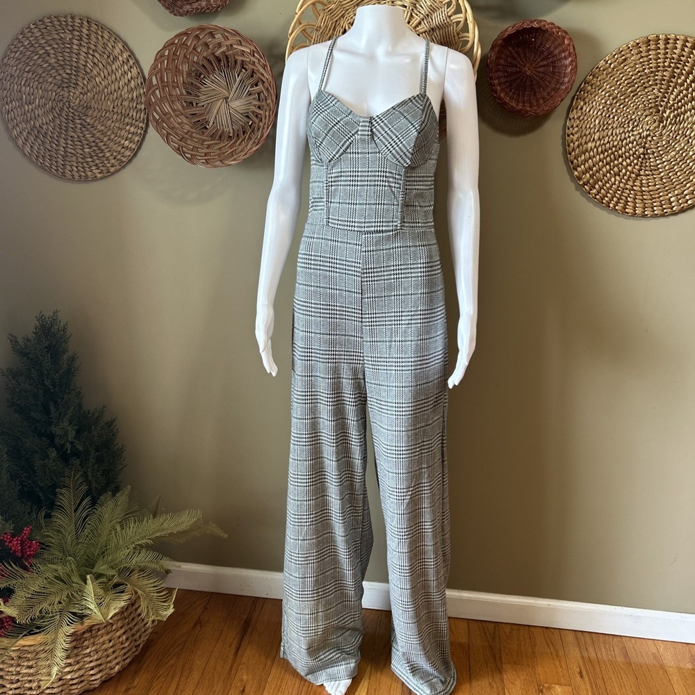 Plaid Jumpsuit Wide Leg 90's Grunge Boho Casual 1 Piece Spaghetti Strap Large